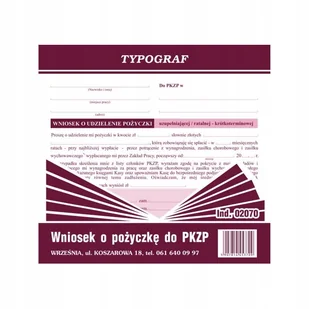 DRUK OFFSETOWY WNIOSEK O UDZIELENIE POŻYCZKI 2/3 A5 80 KARTEK 02070 TYPOGRA - Druki akcydensowe - miniaturka - grafika 1