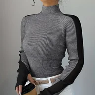 Swetry damskie - TEMU Elegancki sweter damski z wysokim dekoltem w blokach kolorystycznych - miękki, z długim rękawem, prążkowana tekstura, beżowo-biały, idealny na - miniaturka - grafika 1