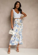 Spódnice - Jasnoniebieska Marszczona Spódnica Kwiatowa Ozdobiona Rozcięciem na Nogę Ateralene - miniaturka - grafika 1