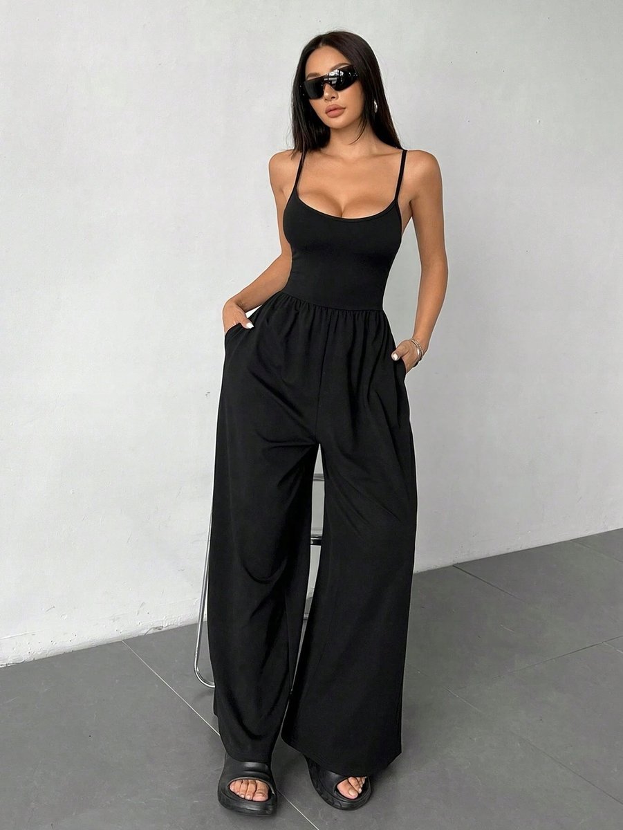 SHEIN CZARNY KOMBINEZON DAMSKI Z SZEROKIMI NOGAWKAMI CASUAL M 1MA