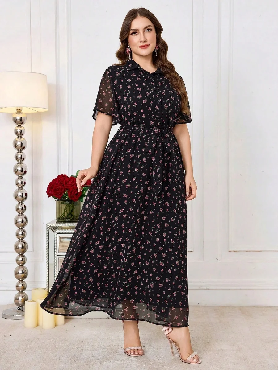 SHEIN CZARNA SUKIENKA PLUS SIZE W KWIATY Z KOŁNIERZYKIEM I PASKIEM 46 11MA