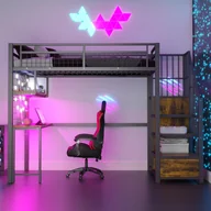 Łóżka dla dzieci i młodzieży - Łóżko na antresoli z metalu 90x200 cm - z oświetleniem LED i gniazdkiem do ładowania - zawiera drabinę z pojemnikami - z półkami i biurkiem - czarny - miniaturka - grafika 1