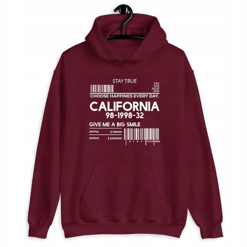BORDOWA BLUZA DAMSKA Z Kapturem CALIFORNIA Zabawne Wzory Rozmiar L