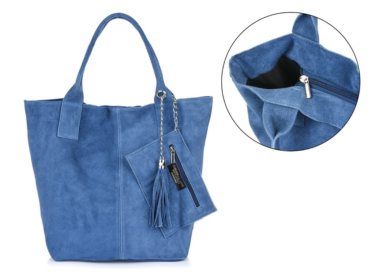 Włoska Torebka Skórzana Zamszowa A4 Shopperka Niebieska T49