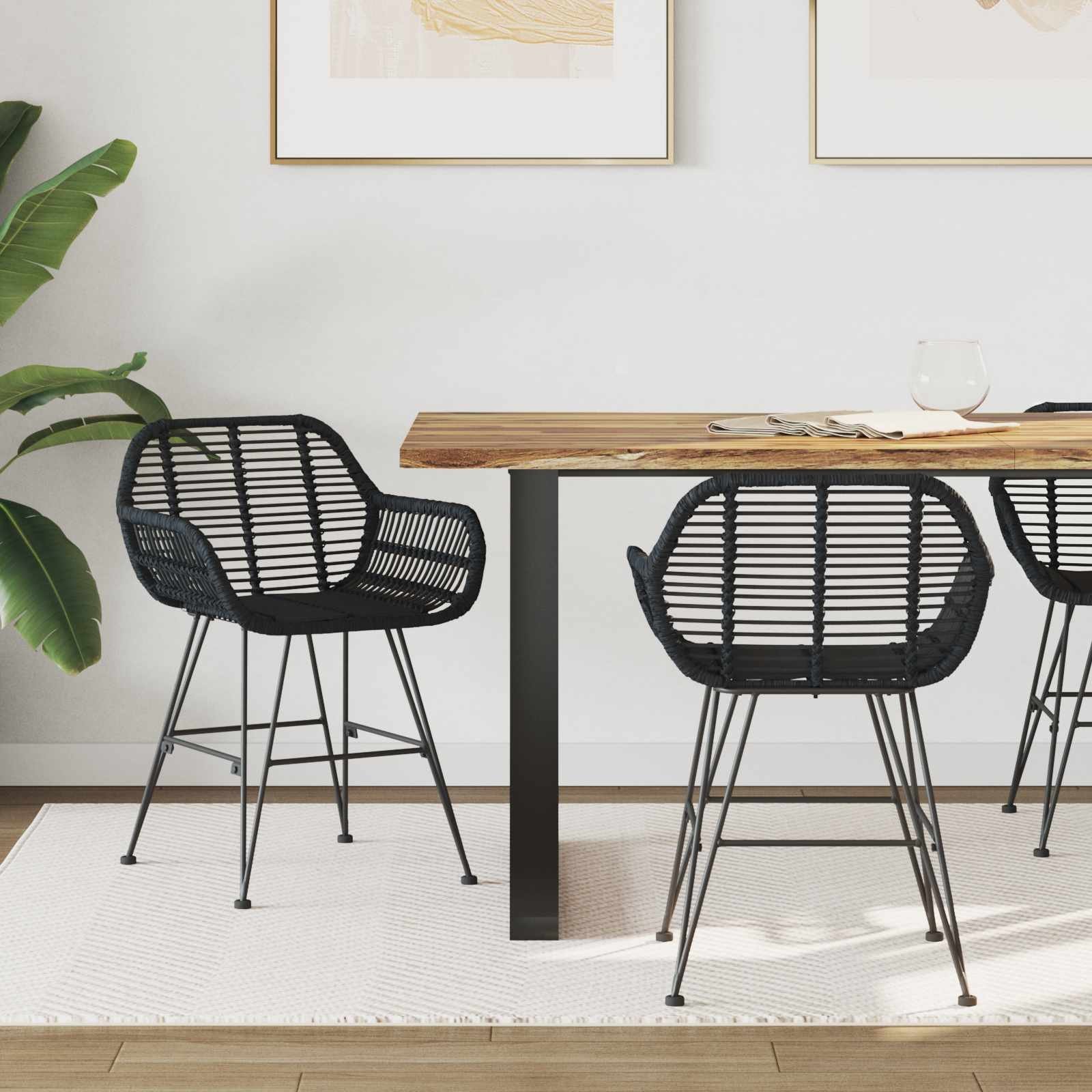 vidaXL Krzesło jadalniane 2 pcs Czarny 55 x 50 x 74 cm Rattan i stal