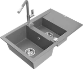 Zlewozmywaki z baterią - Mexen Gaspar zlewozmywak granitowy 1,5-komorowy z ociekaczem i baterią kuchenną Flora, szary - 6507-71-670401-06 - miniaturka - grafika 1