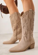 Botki damskie - Ciemnobeżowe Ażurowe Botki Kowbojki na Stożku z Imitacji Zamszu Hephiane - miniaturka - grafika 1