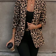 Kurtki damskie - TEMU Damska Kurtka z Kołnierzykiem w Lamparcie Wzory, Bez Guzików i Długim Rękawem - miniaturka - grafika 1