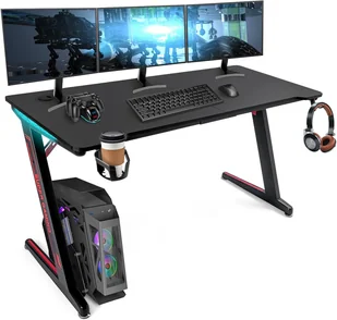 YUENFONG Stół dla graczy Biurko komputerowe LED z uchwytem na kubek, haczykiem na słuchawki, podkładką pod mysz Biurko PC z ramą Z do domowego biura, 140 x 60 cm - Biurka gamingowe - miniaturka - grafika 1