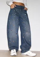 Spodnie damskie - Stradivarius Jeansy baggy z oczkami CZARNY DENIM Z EFEKTEM SPRANIA 32 - miniaturka - grafika 1