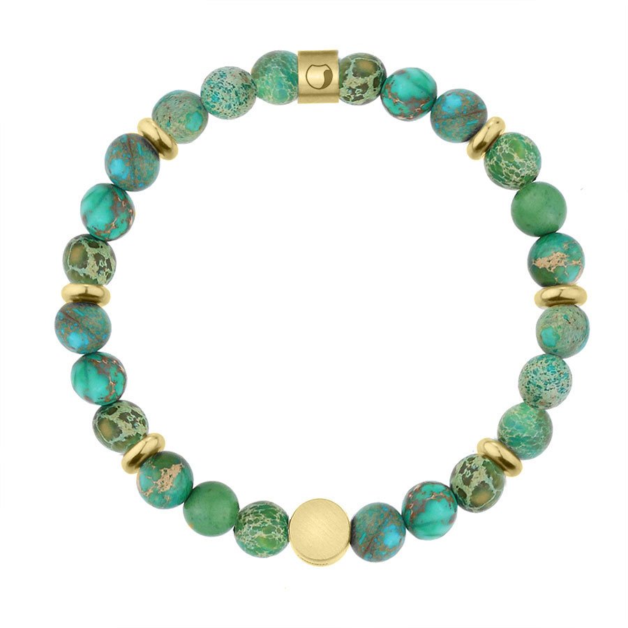 Bransoletka damska zielony jaspis z pozłacanym charmsem.