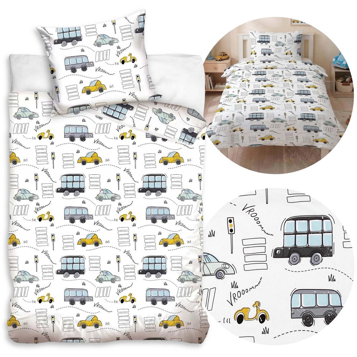 Samochody, autka Biała, DWUSTRONNA, bawełniana pościel dziecięca na zamek, 100% BAWEŁNA 140x200cm+70x80cm OEKO-TEX