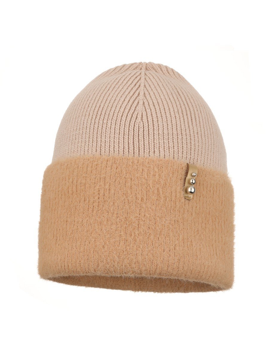 Dziewczęca czapka z futrzastym otokiem i perełkami beżowa Ambra r.50/54
