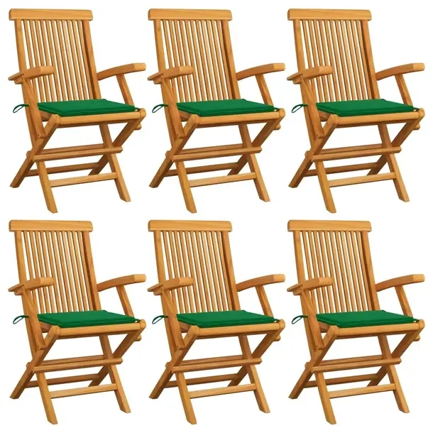 Zestaw 6 krzeseł ogrodowych z drewna tekowego z poduszkami zielonymi 55x60