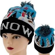 Czapki damskie - ZIMOWA CZAPKA Z POMPONEM DIODY LED ŚWIECĄCA SNOW NIEBIESKA - miniaturka - grafika 1