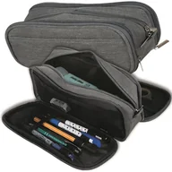 Piórniki - Duży Piórnik Trzykomorowy Szkolny Saszetka Zamek Piórnik do Szkoły Szary - miniaturka - grafika 1