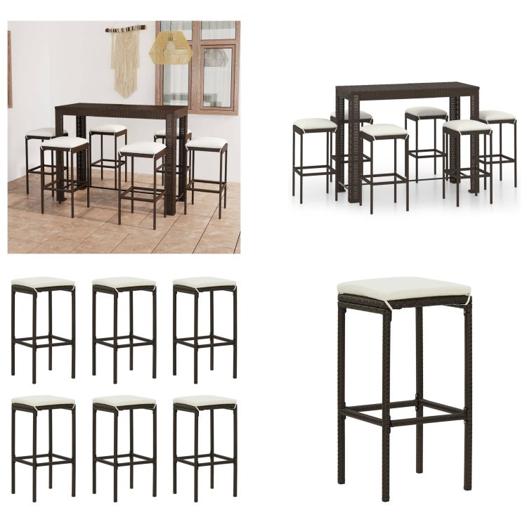 vidaXL 7-częściowy ogrodowy zestaw barowy z poduszkami z polirattanu brązowy - Zestaw barowy - Zestawy barowe - Stół barowy i stołki barowe - Stół barowy