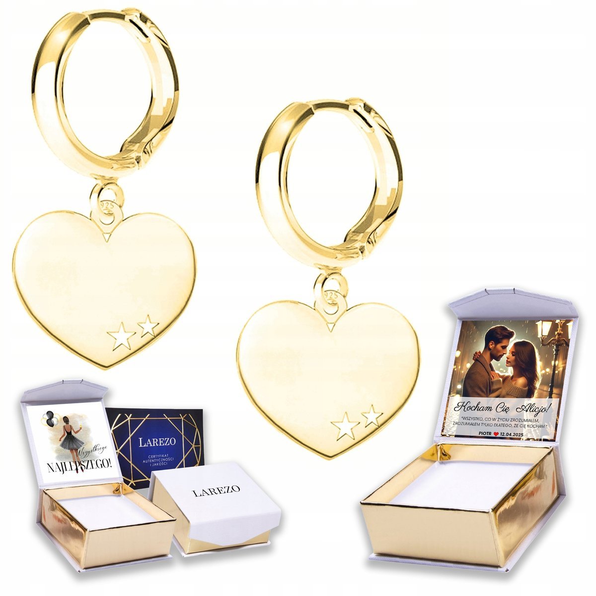 Złote Kolczyki 925 Blaszka z Sercem Serduszkiem Serduszka Bigle NADRUK