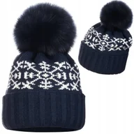Czapki damskie - Granatowa Damska Czapka Zimowa Z Pomponem Beżowe Śnieżynki Wywijana - miniaturka - grafika 1