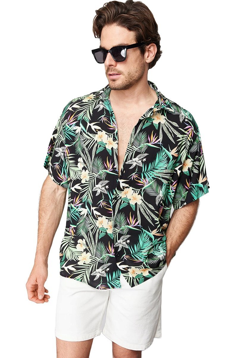 TRENDYOL MAN KOSZULA MĘSKA CZARNA WZÓR KWIATOWY KRÓTKI RĘKAW S 5DA