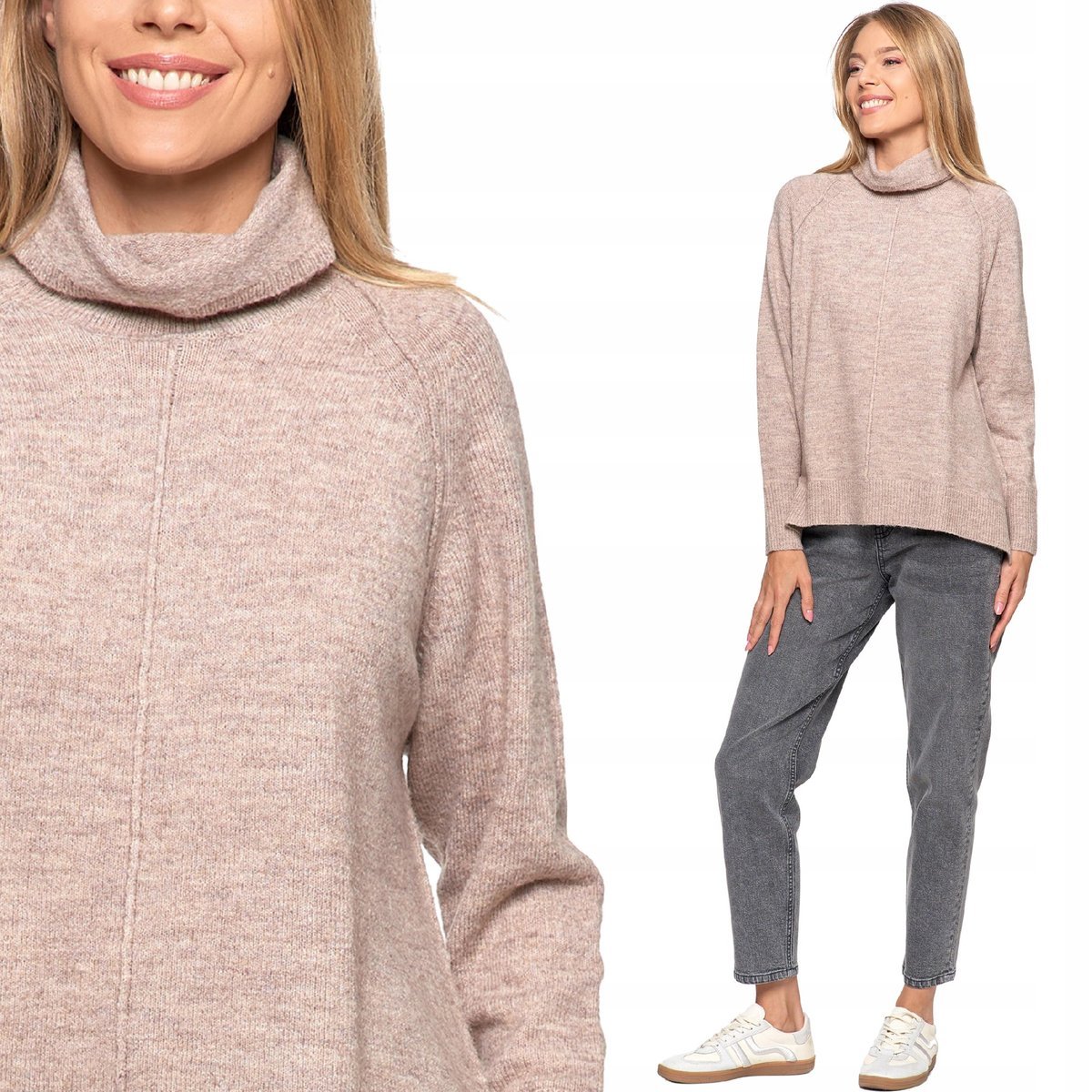 MIĘKKI CIEPŁY LUŹNY SWETER DAMSKI Z GOLFEM WYDŁUŻONY TYŁ MORAJ BEŻ 2XL/3XL BEIGE MELANGE
