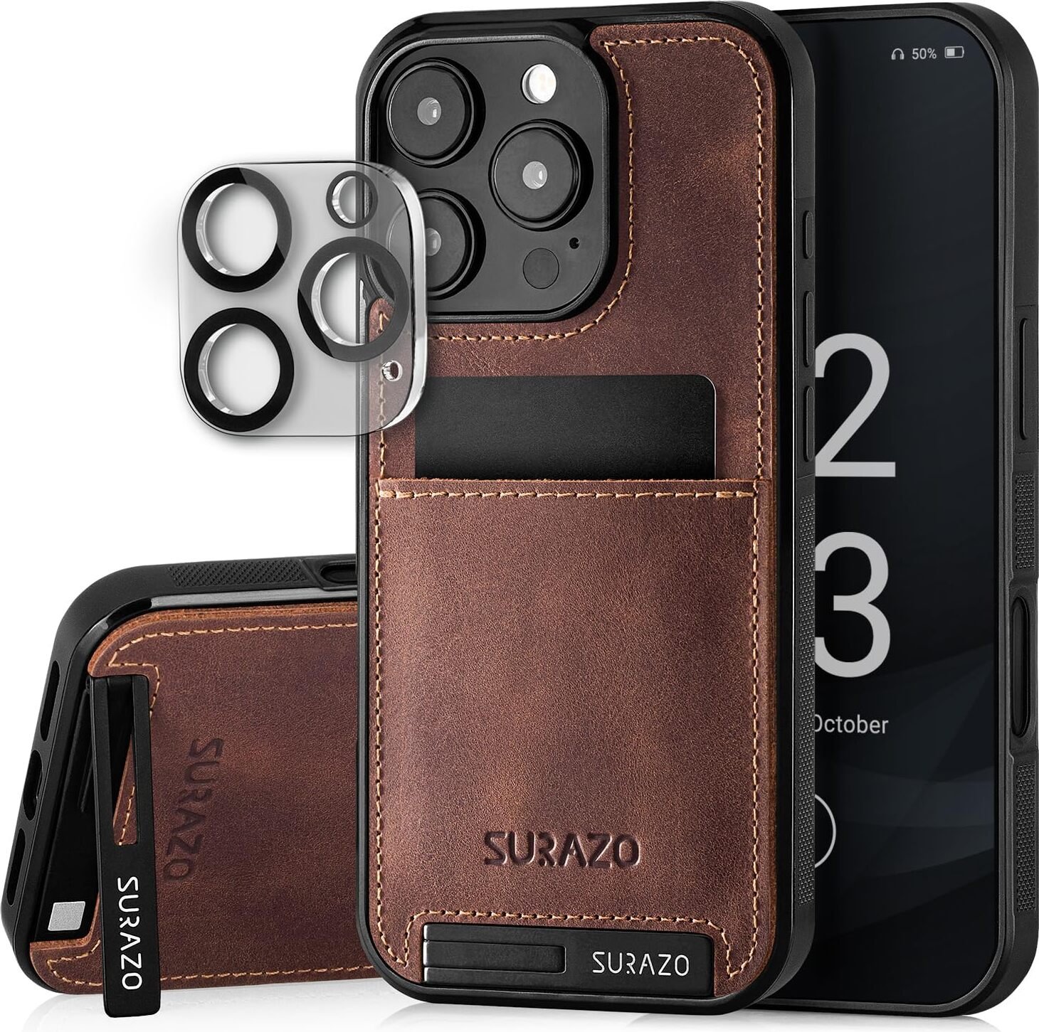 Etui SURAZO z prawdziwej skóry do Apple iPhone 16 Pro - odporne na wstrząsy skórzane etui na telefon komórkowy [szkło ochronne aparatu, gniazdo kart, funkcja podstawki,