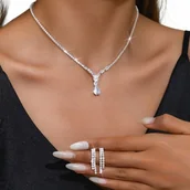 Zestawy biżuterii dla kobiet - Komplet eleganckiej bizuterii Kolczyki Naszyjnik Ślubny Srebrny Cyrkonie B6 - miniaturka - grafika 1