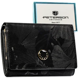 Mały portfel damski PETERSON skóra naturalna i ekologiczna czarny modny motyw roślinny elegancki na zatrzask pudełko prezentowe ochrona RFID STOP - Portfele - miniaturka - grafika 1