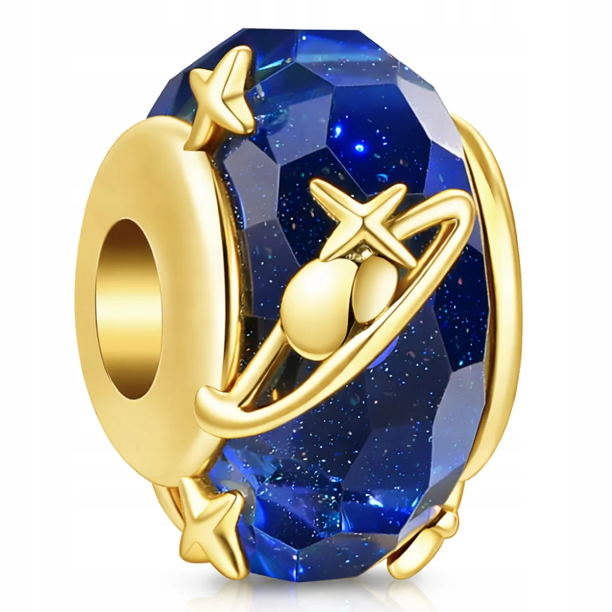 Złoty Charms Szafirowy Koralik z Gwiazdami Planetą Kosmos Saturn SREBRO 925