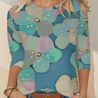 Bluzki damskie - TEMU Damska bluzka z długim rękawem w kwiatowy wzór - Turkusowo-midzianowy kwiatowy wzór, luźny krój, okrągły dekolt, bluzka na co dzień i na - miniaturka - grafika 1
