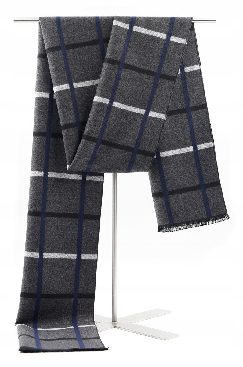 Szal Szalik Męski Szary W Czarno - Granatowe Pasy