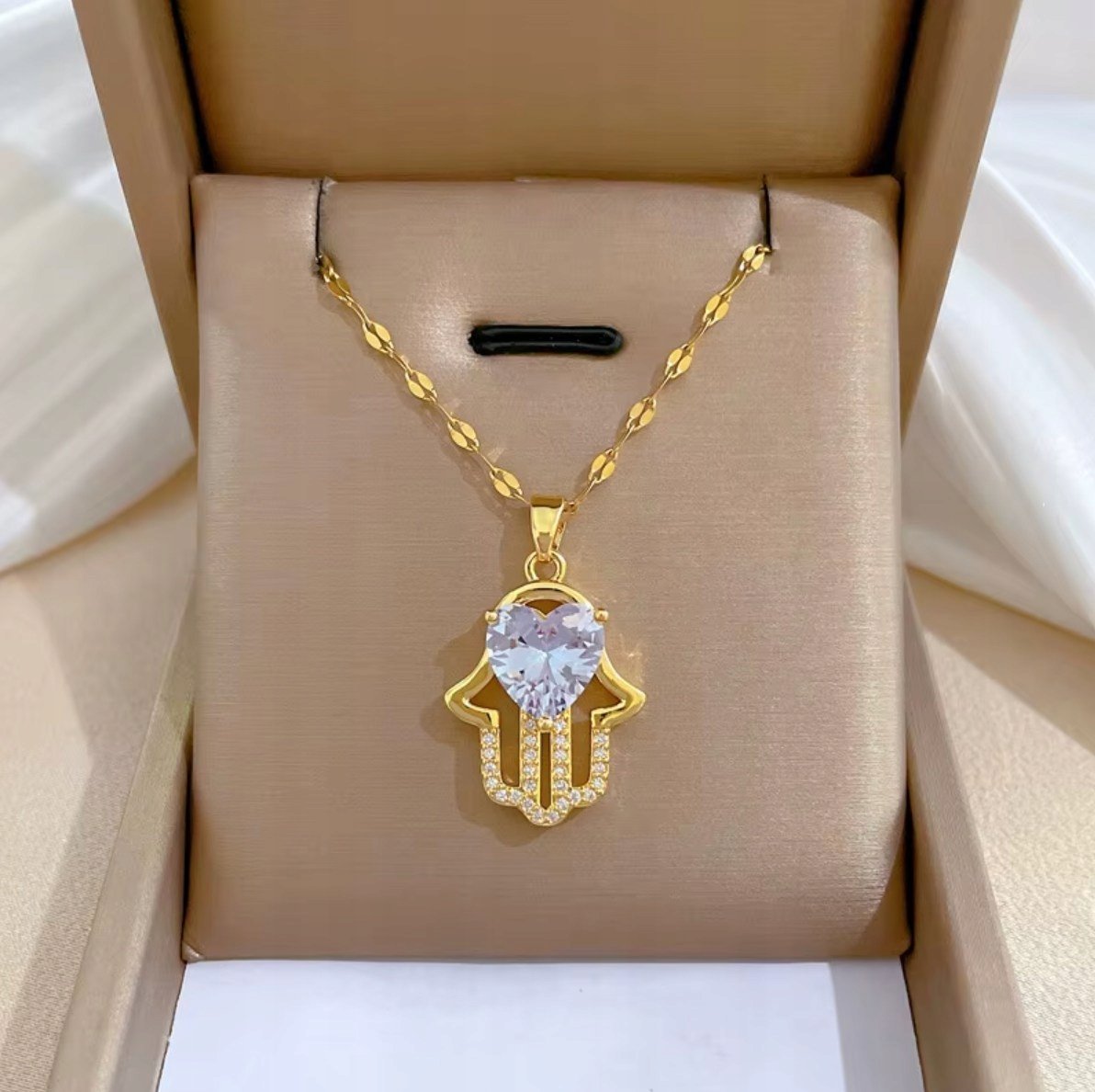 Złoty Naszyjnik Hamsa Serce Cyrkonie Damski Stal Szlachetna na Prezent