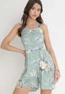 Kombinezony - Miętowy Kombinezon z Krótkimi Nogawkami i Marszczoną Gumką w Pasie Emalyna - miniaturka - grafika 1