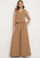 Komplety damskie - Brązowy Komplet Garniturowy Kamizelka i Szerokie Spodnie Ravitrae - miniaturka - grafika 1