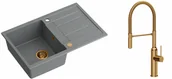 Zlewozmywaki z baterią - Quadron Zlewozmywak granitowy jednokomorowy 78*50*22 cm z ociekaczem MORGAN 111 SILVER STONE z miedzianym odpływem z baterią MARILYN Q LINE z ruchomą wylewką kolor miedziany - miniaturka - grafika 1