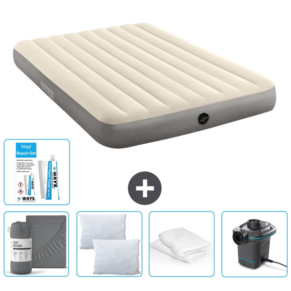 Łóżko powietrzne Intex - 2 osoby - 152 x 203 x 25 cm - beżowe - w zestawie prześcieradło - pocałunek - pompka - zestaw naprawczy en ochraniacz na poduszkę