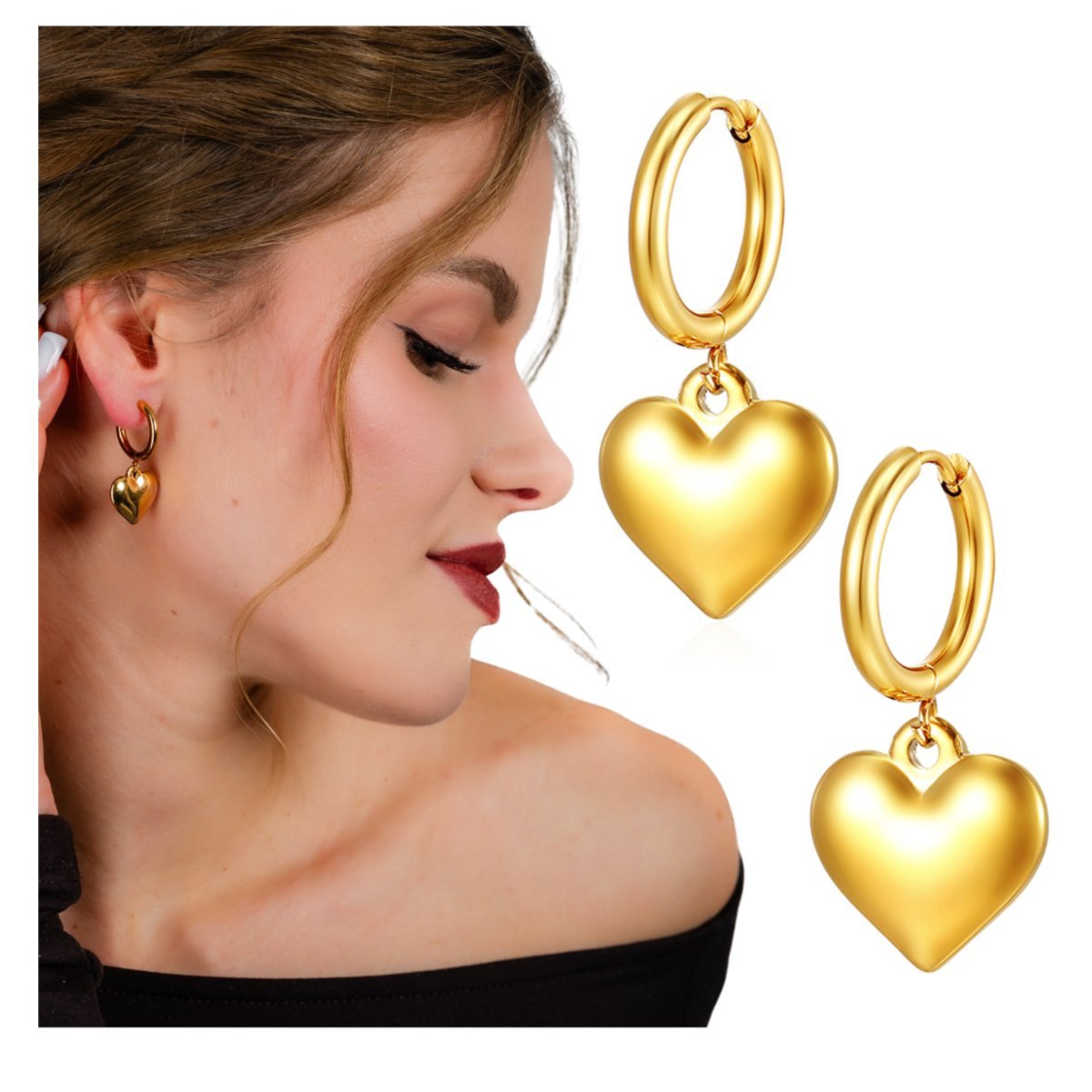 Kolczyki Długie Złote Wiszące Serca ze Stali Chirurgicznej 316L Pozłacane