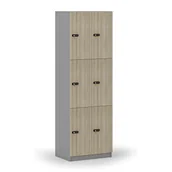 Szafki biurowe - Drewniana szafka skrytkowa, 6 schowków, zamek mechaniczny z kodem, szary/dąb naturalny - miniaturka - grafika 1