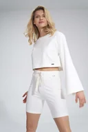 Spodnie sportowe damskie - Krótka Bawełniana Bluza z Szerokim Rozciętym Rękawem - Ecru - miniaturka - grafika 1