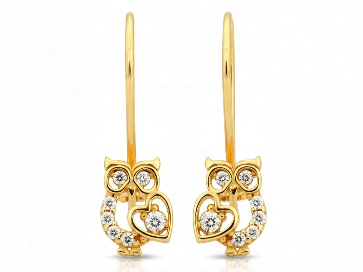 Damskie złote kolczyki 585 sowy na biglu z cyrkoniami elegancki design 14k
