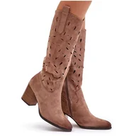 Kozaki damskie - Eko Zamszowe Kozaki Na Słupku Z Ażurowym Wzorem Vinceza 58344 Ciemnobeżowe beżowy - miniaturka - grafika 1