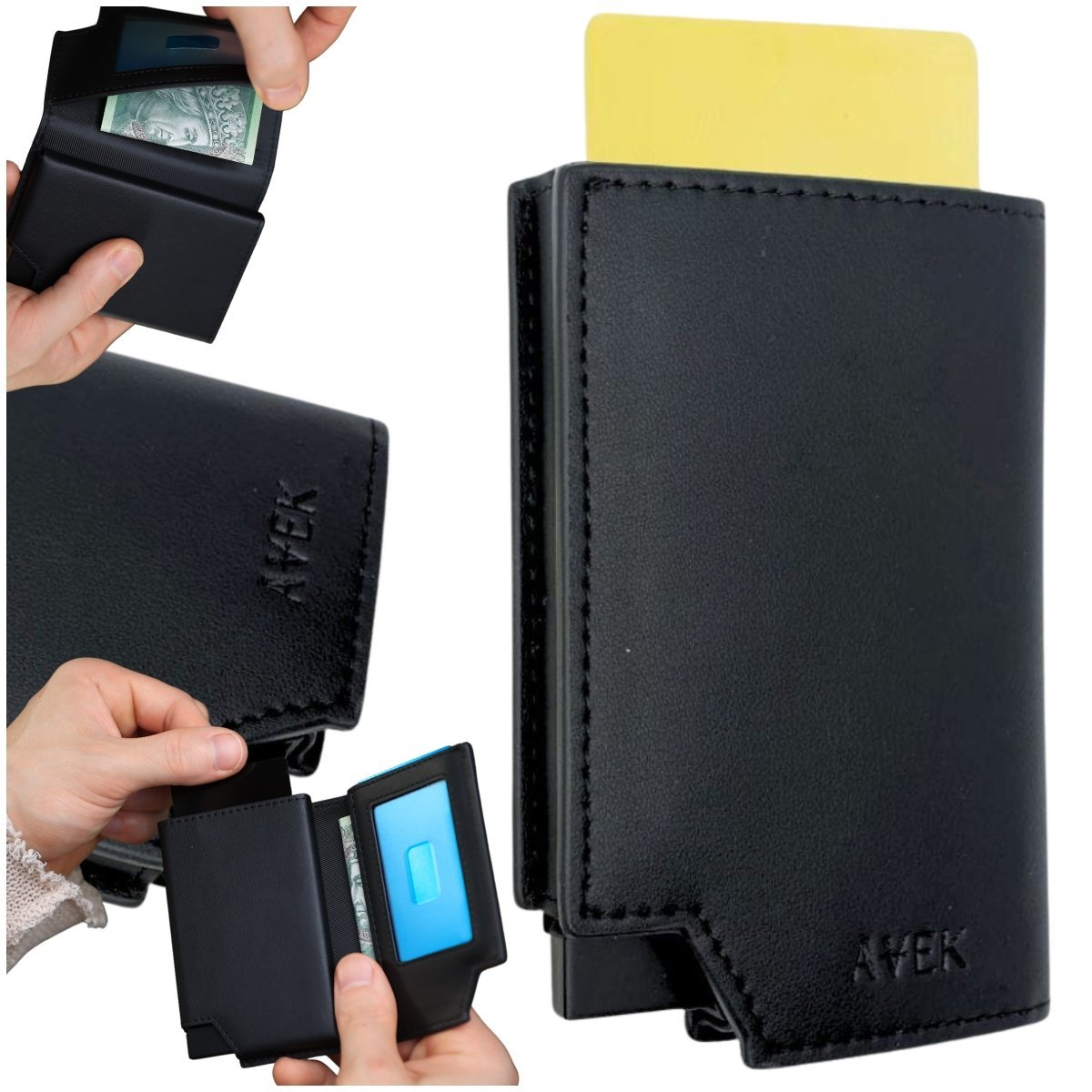 PORTFEL ETUI NA KARTY MĘSKI WALLET CZARNY ZE SKÓRY SKÓRZANY OCHRONA RFID / AVEK