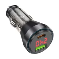 Akcesoria do smartwatchy - HOCO ładowarka samochodowa USB QC 18W + Typ C 30W z wyświetlaczem + kabel Typ C do Lightning PD48W NZ12B transparentna czarna - miniaturka - grafika 1