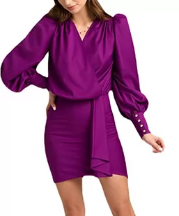 Swing Fashion Stefany elegancka sukienka damska, odświętna, na imprezę, letnia sukienka wieczorowa, sukienka koktajlowa, minisukienka z dekoltem w kopertę, długi rękaw, krótka, fioletowy, L - Sukienki - miniaturka - grafika 1