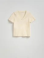 Koszulki i topy damskie - Reserved - T-shirt regular z dekotem V - jasnożółty - miniaturka - grafika 1
