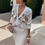 Swetry damskie - TEMU [Nowy Link] #N0509 Modna Bluzka z Kropkami w Dekolcie V, Stylowy i Elegancki Sweter z Długim Rękawem, Prosta i Generoza Kurtka, Wszechstronny i - miniaturka - grafika 1