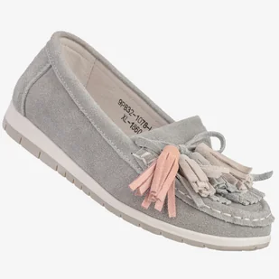 Mokasyny Damskie Skórzane Buty Półbuty Z Frędzlami Szare Jezzi 9PB32-1078 Szary 37 - Mokasyny damskie - miniaturka - grafika 1
