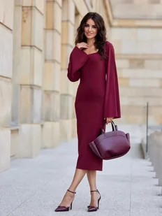 Janet sukienka bordowa midi elegancka dopasowana z kwadratowym dekoltem - Roco - Sukienki - miniaturka - grafika 1