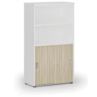 Szafy biurowe - Szafa biurowa kombinowana PRIMO WHITE, drzwi przesuwne na 2 poziomach, 1434 x 800 x 420 mm, biały/dąb naturalny - miniaturka - grafika 1