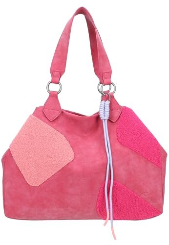 Fritzi Izzy Medium Limited Happy Flocked Shopper torebka damska ze sztucznej skóry, festiwal, miasto, wegańskie detale flokowe, zawieszka ze sznurkiem, 29 x 42 x 15 cm, brązowa, różowa – zielona